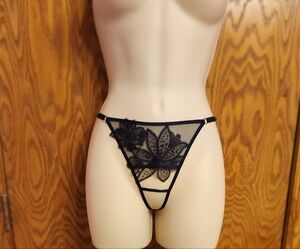 Victoria's Secret Black Lace Thong Panties with Strappy Details,with Rhinestone,